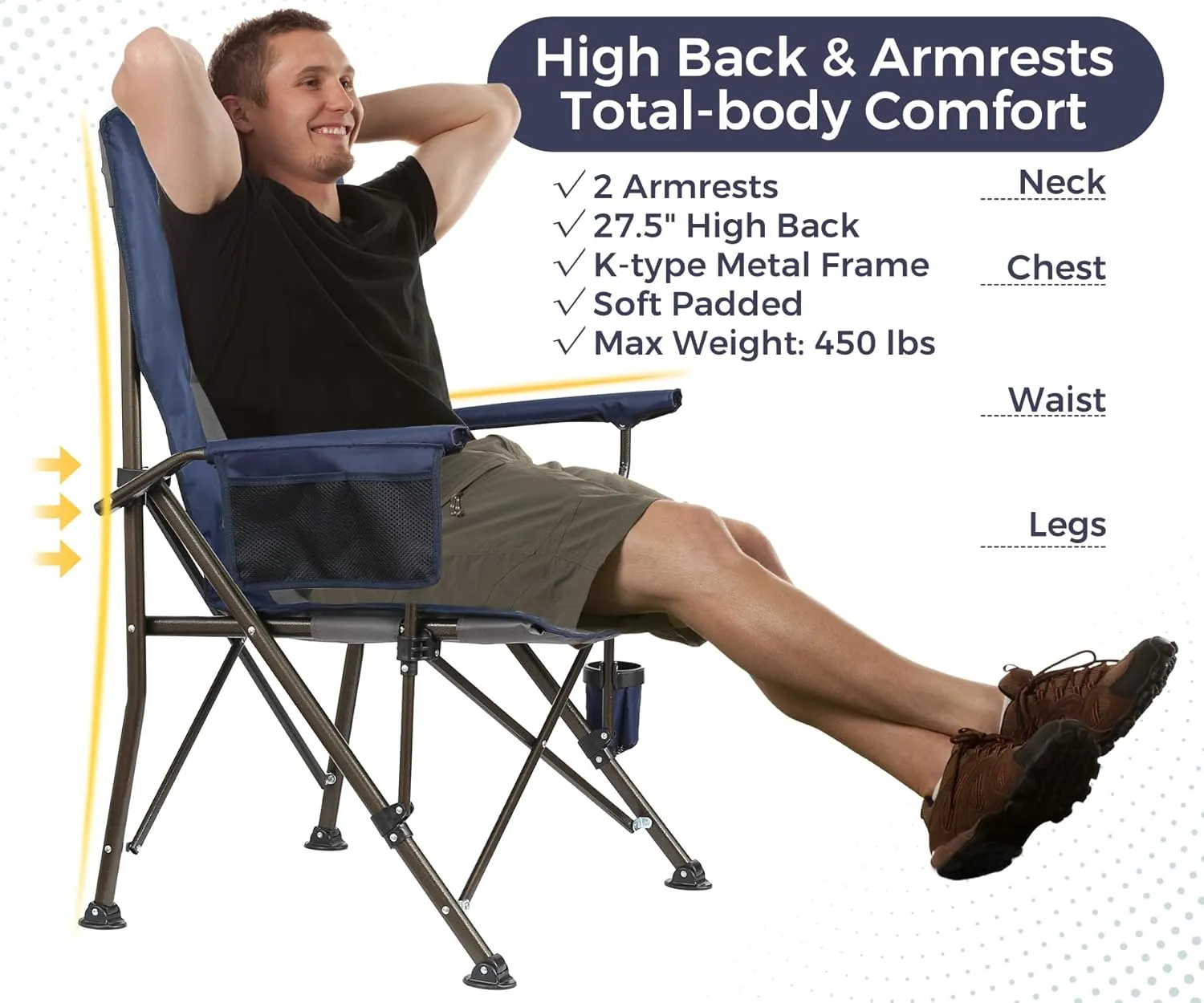 High Back Camping Chair for Adults - Large & Oversized Heavy Duty 450lbs Capacity K-Frame - Comfortable Padded Seat & Armrests for Long Sitting Fishing Lawn Backyard Outside, Cup Holder (Blue)