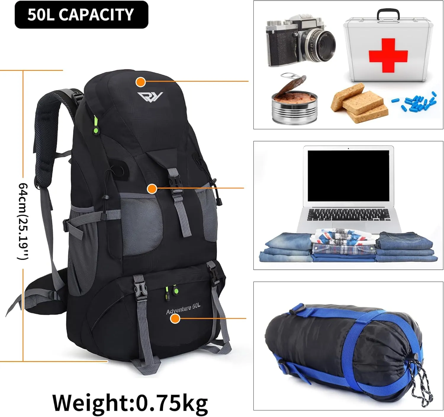 Hiking Backpack, 50l Camping Lightweight Bag for Outdoor