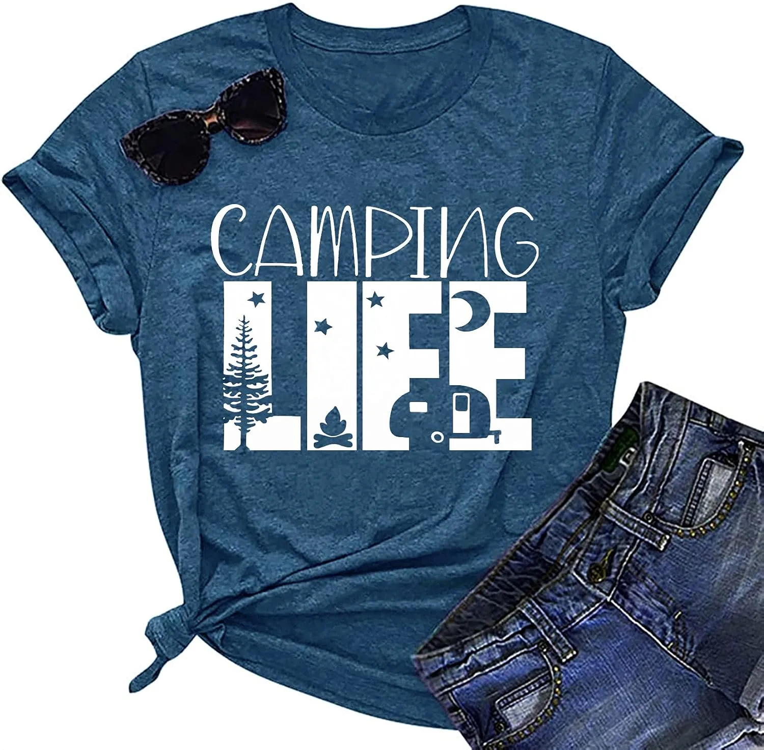 Hiking Camping Shirts for Women Funny Graphic Tees Shirts Happy Camper Letter Print Casual Tee Tops