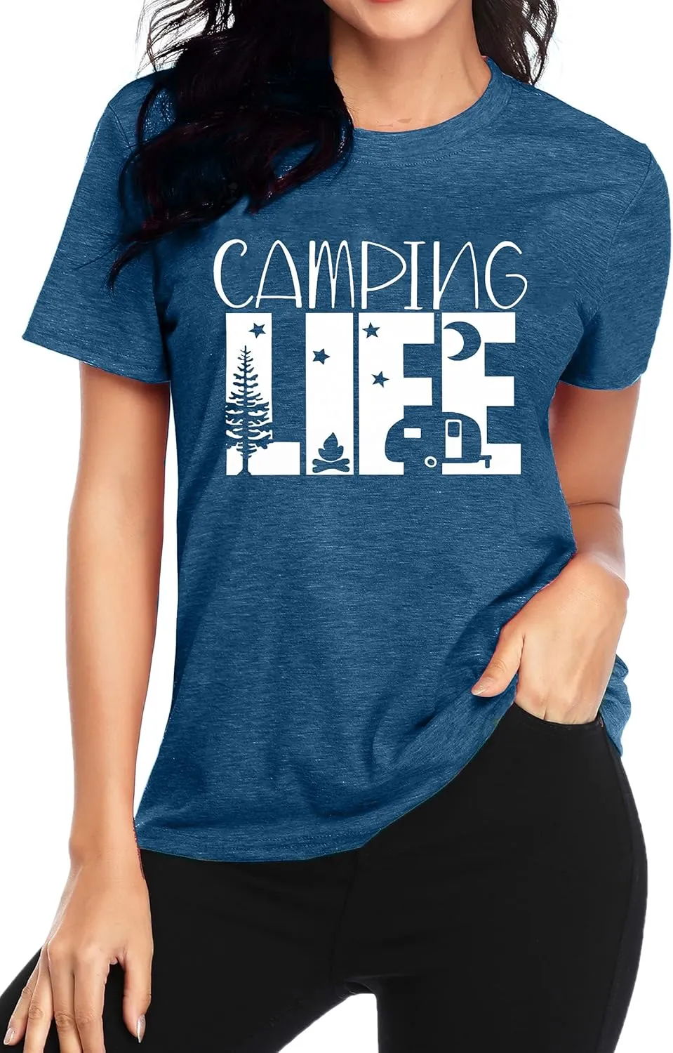 Hiking Camping Shirts for Women Funny Graphic Tees Shirts Happy Camper Letter Print Casual Tee Tops