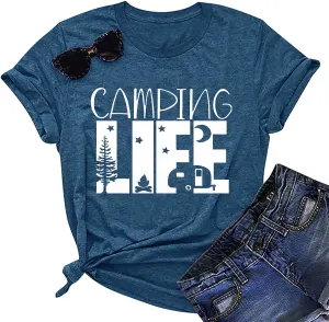 Hiking Camping Shirts for Women Funny Graphic Tees Shirts Happy Camper Letter Print Casual Tee Tops