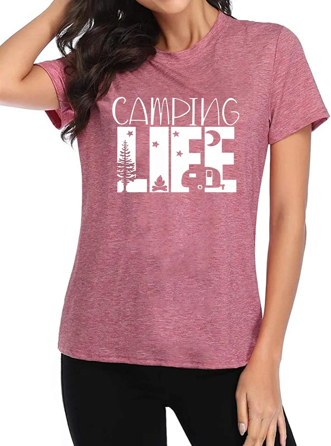 Hiking Camping Shirts for Women Funny Graphic Tees Shirts Happy Camper Letter Print Casual Tee Tops