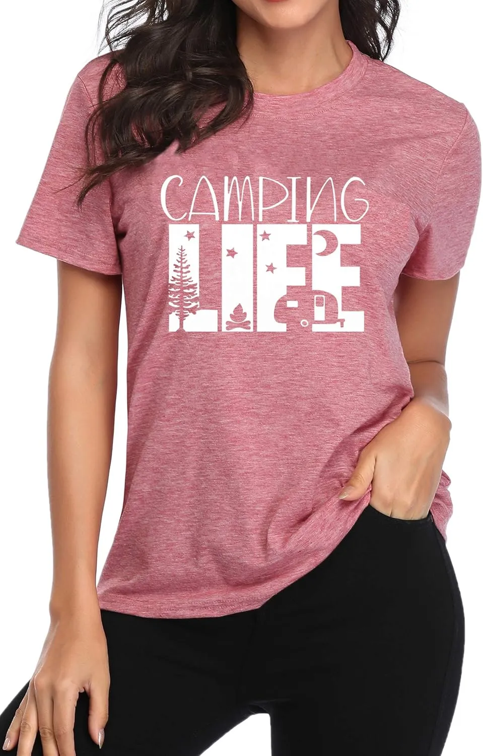 Hiking Camping Shirts for Women Funny Graphic Tees Shirts Happy Camper Letter Print Casual Tee Tops