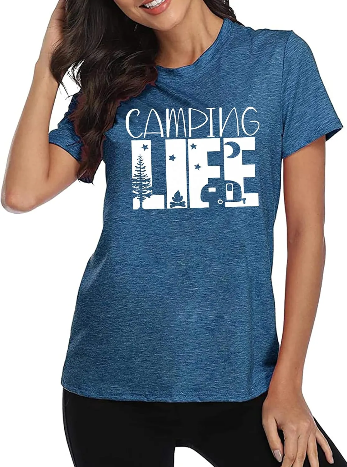 Hiking Camping Shirts for Women Funny Graphic Tees Shirts Happy Camper Letter Print Casual Tee Tops