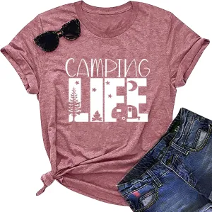 Hiking Camping Shirts for Women Funny Graphic Tees Shirts Happy Camper Letter Print Casual Tee Tops
