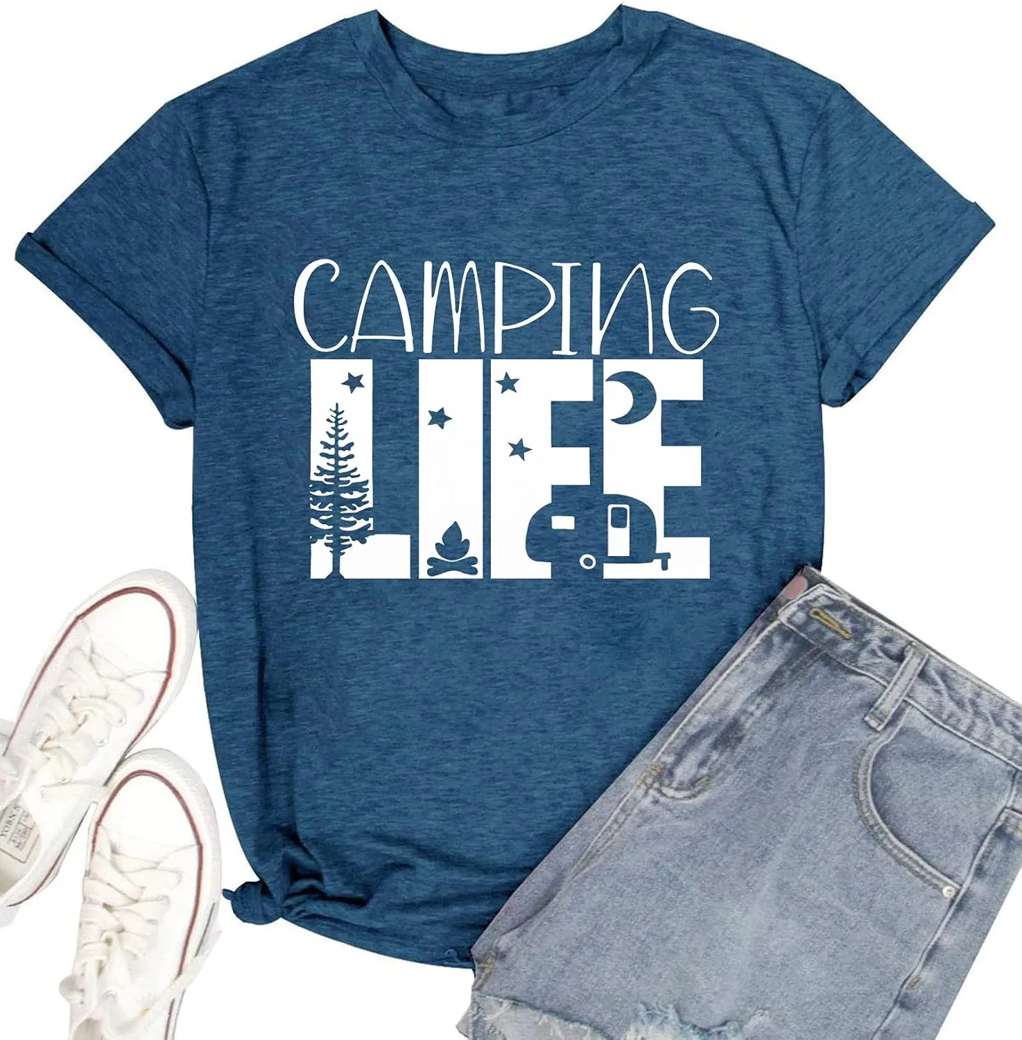 Hiking Camping Shirts for Women Funny Graphic Tees Shirts Happy Camper Letter Print Casual Tee Tops