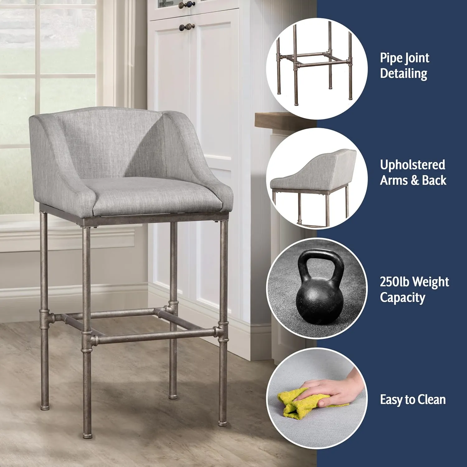 Hillsdale Dillon Modern Low Profile Wingback Metal Bar Height Stool, Textured Silver