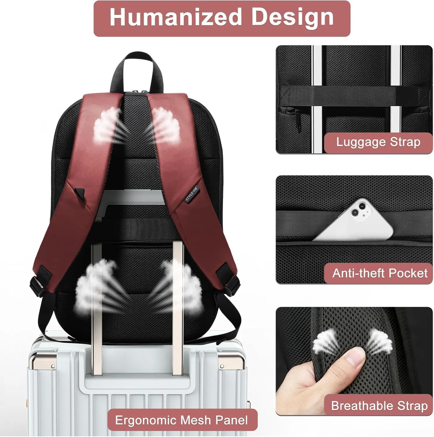 hk Business Backpack for Men 17 Inch,Slim & Expandable Waterproof Travel Laptop Backpack with USB Charger Port (Red)