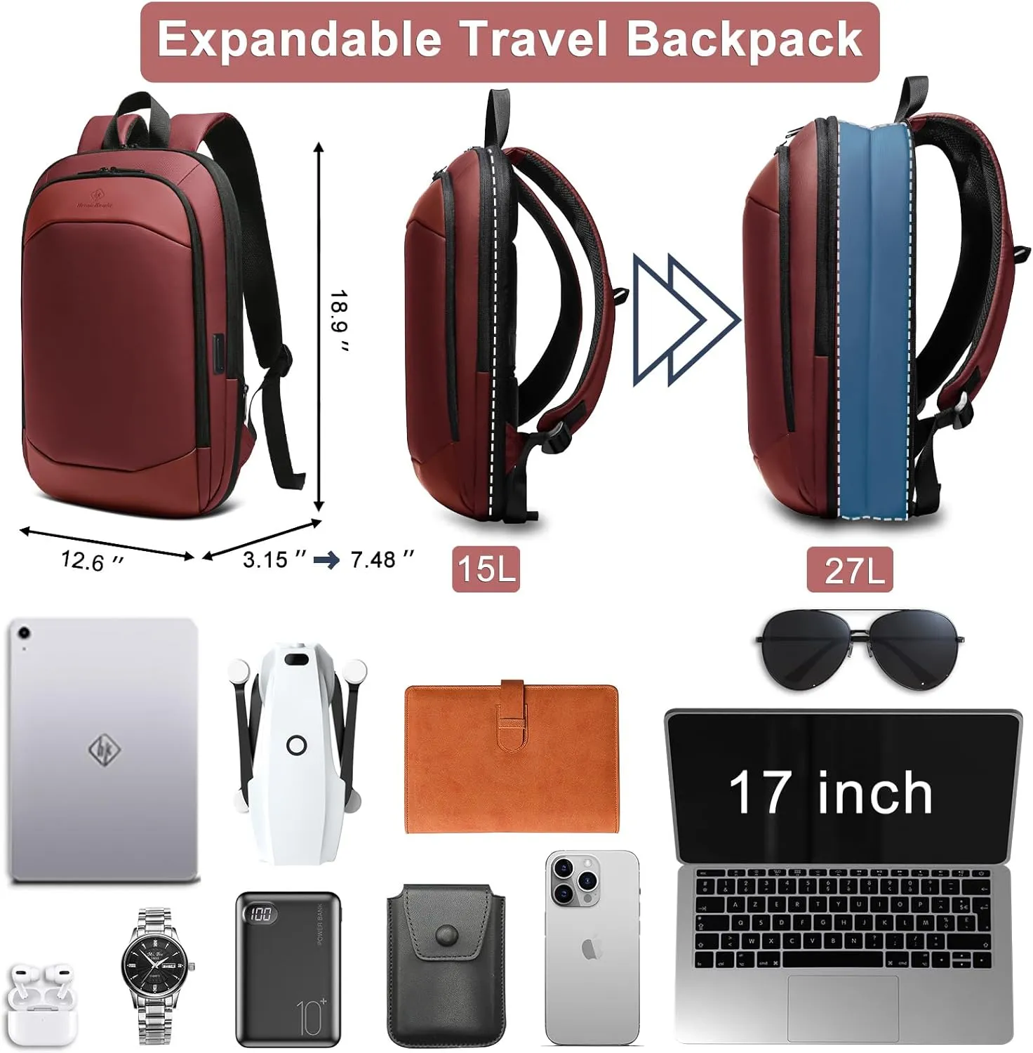 hk Business Backpack for Men 17 Inch,Slim & Expandable Waterproof Travel Laptop Backpack with USB Charger Port (Red)