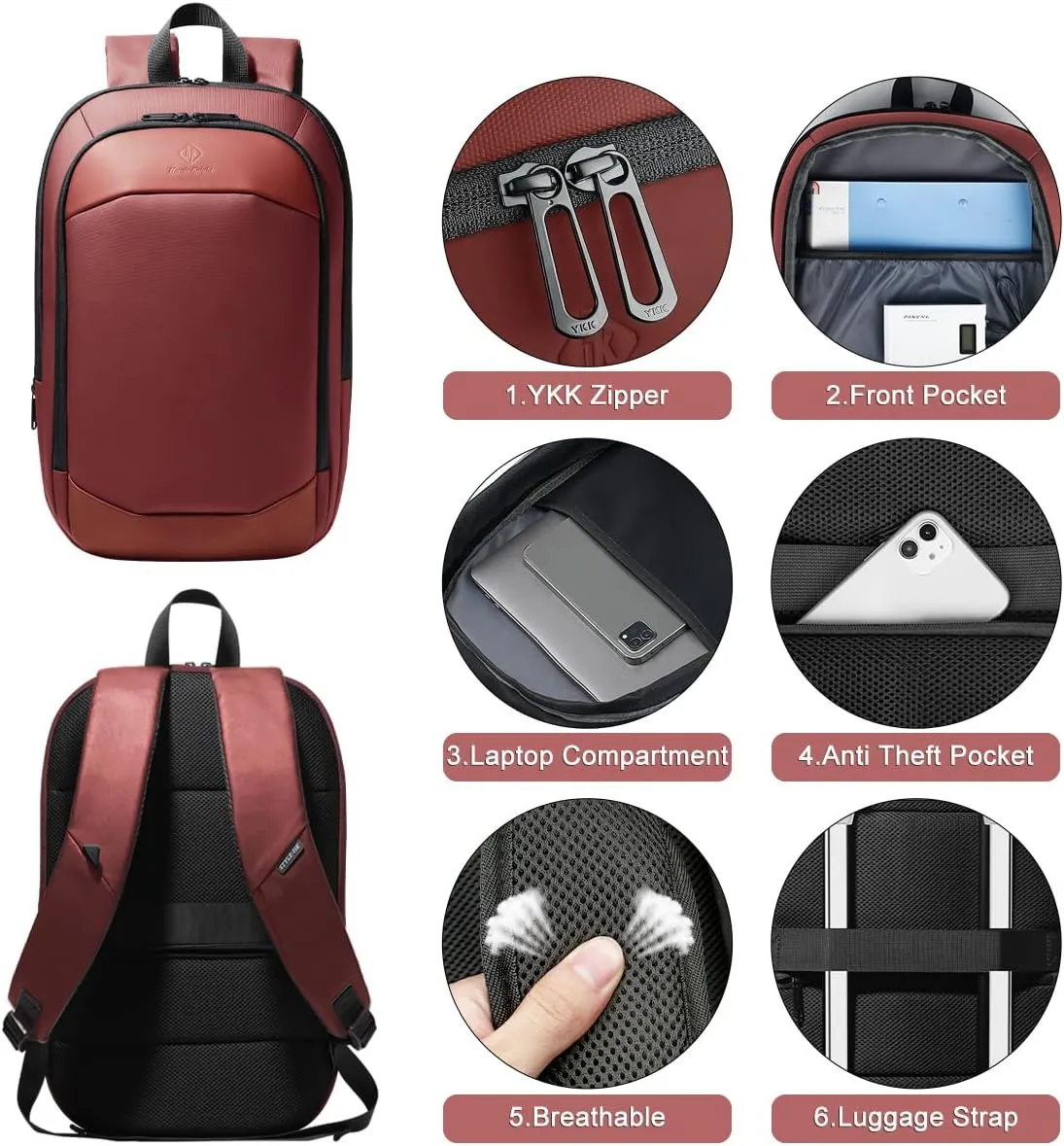 hk Business Backpack for Men 17 Inch,Slim & Expandable Waterproof Travel Laptop Backpack with USB Charger Port (Red)