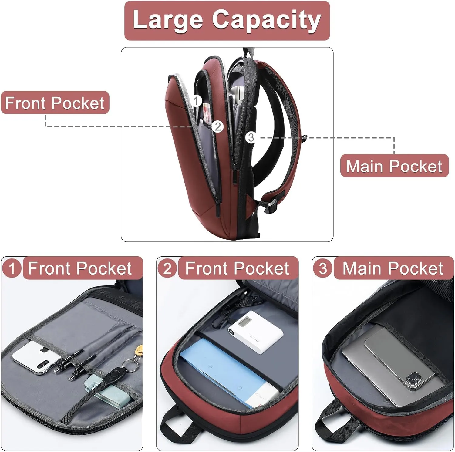 hk Business Backpack for Men 17 Inch,Slim & Expandable Waterproof Travel Laptop Backpack with USB Charger Port (Red)
