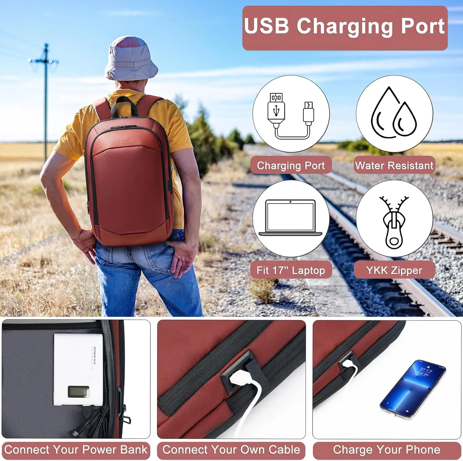 hk Business Backpack for Men 17 Inch,Slim & Expandable Waterproof Travel Laptop Backpack with USB Charger Port (Red)