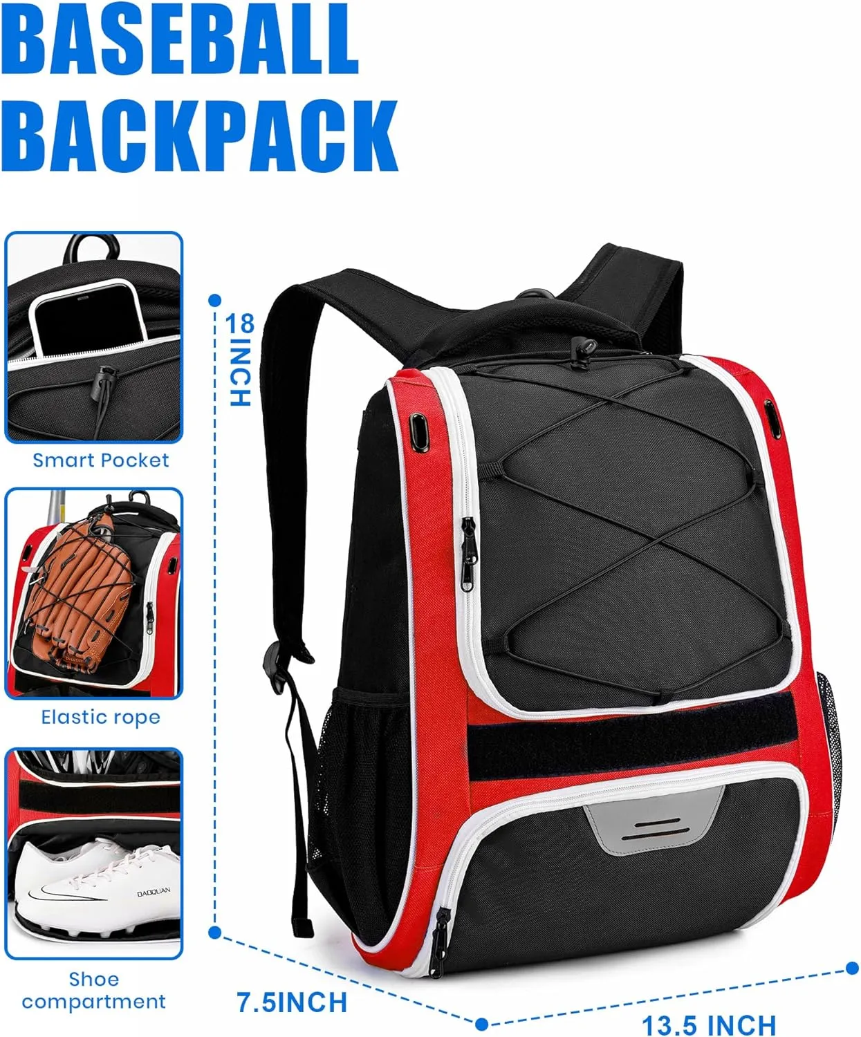 HMLIN Baseball Bag,Baseball Backpack, Softball Bat Bag with Shoes Compartment for Youth Adults,Lightweight Baseball Bag with T-Ball & Softball Equipment & Gear