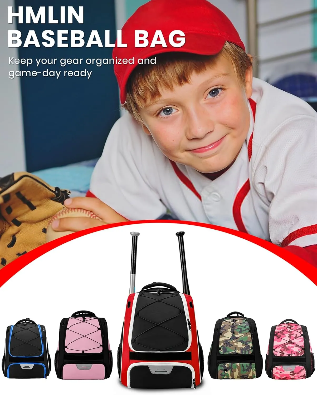 HMLIN Baseball Bag,Baseball Backpack, Softball Bat Bag with Shoes Compartment for Youth Adults,Lightweight Baseball Bag with T-Ball & Softball Equipment & Gear