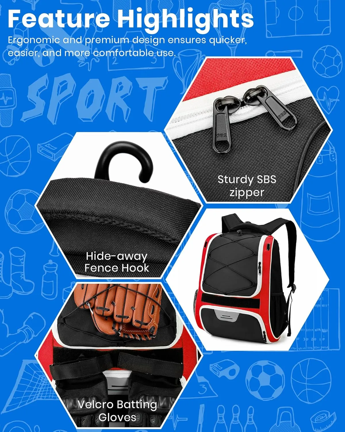 HMLIN Baseball Bag,Baseball Backpack, Softball Bat Bag with Shoes Compartment for Youth Adults,Lightweight Baseball Bag with T-Ball & Softball Equipment & Gear