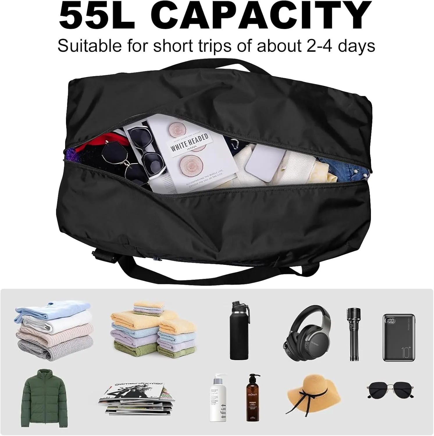 HOLYLUCK Foldable Travel Duffel Bag For Women & Men Luggage Great for Gym -55L, black