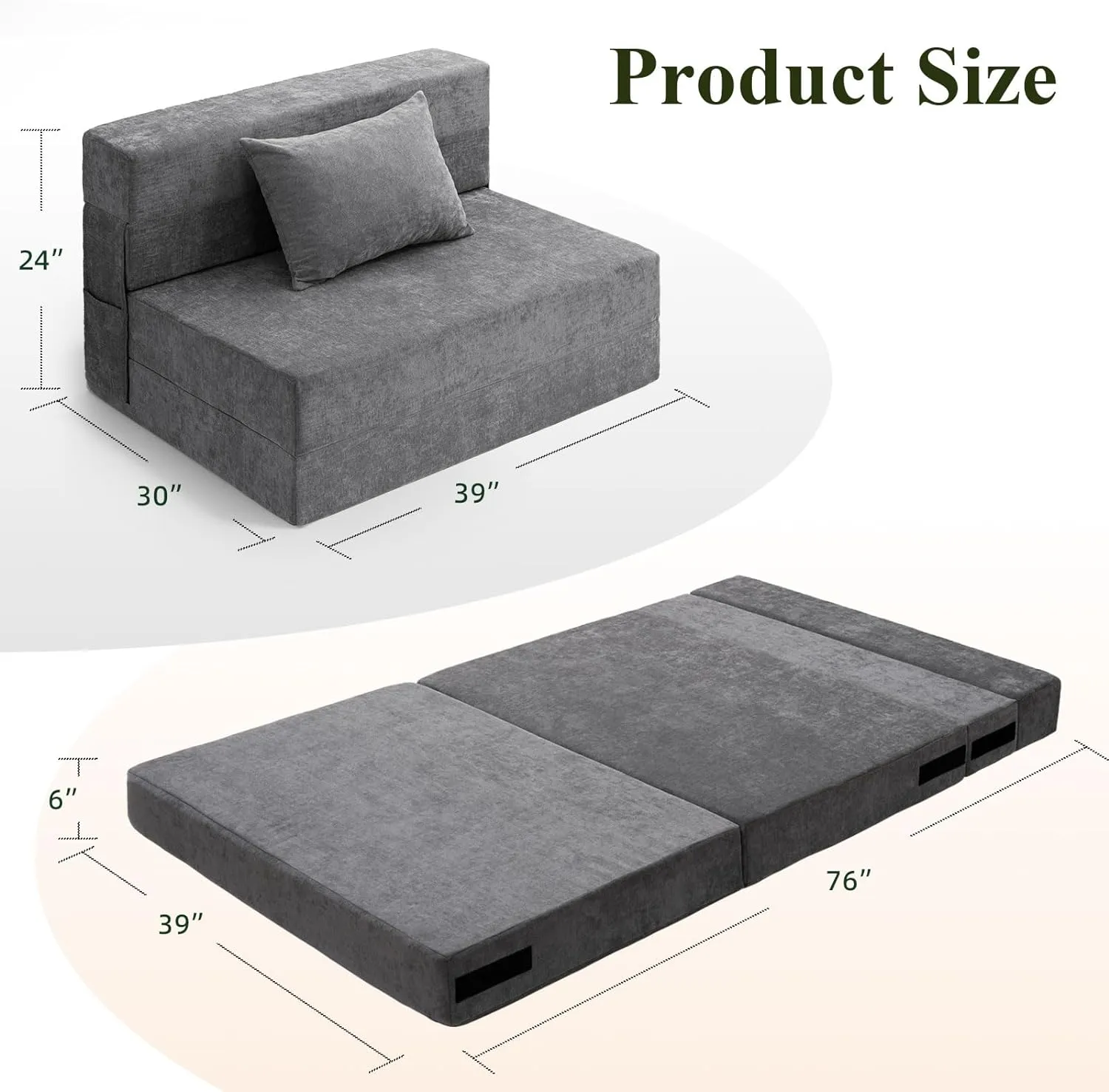 HOMFINE Folding Sofa Bed - Convertible Sleeper Chair with Pillow, Fold Out Couch, Foam Floor Mattress, Futon Couch, Lazy Sofa for Living Room/Dorm/Guest Room/Home Office, Twin, Gray