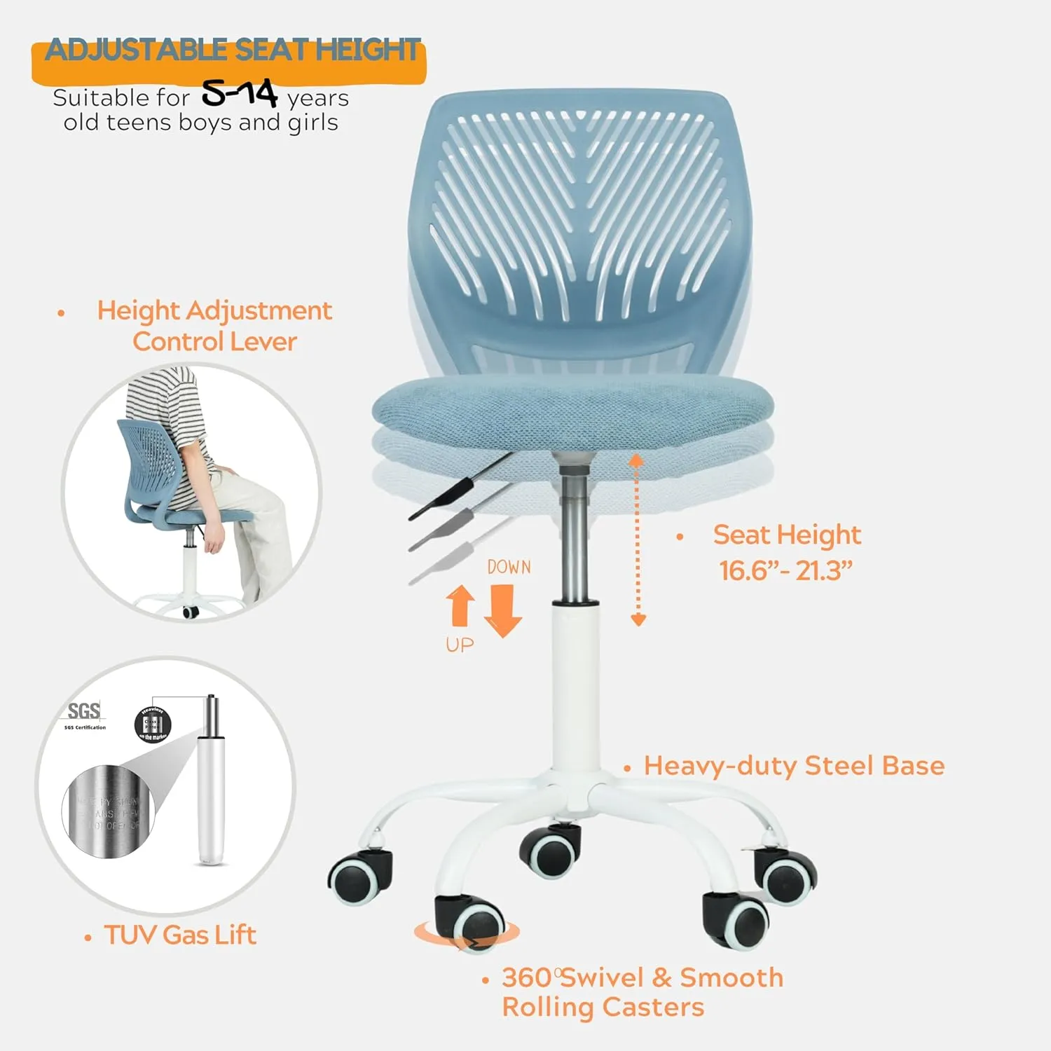 Homy Casa Armless Home Office Desk Chair, Colorful Task Chair with Soft Mesh Padded Cushion, Height Adjustable Swivel Study Computer Chair for for Girls Boys Teens (Blue, 4PCS)
