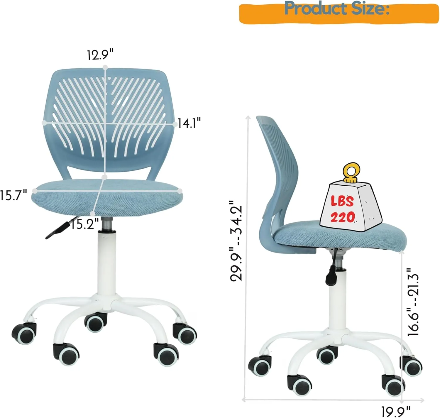 Homy Casa Armless Home Office Desk Chair, Colorful Task Chair with Soft Mesh Padded Cushion, Height Adjustable Swivel Study Computer Chair for for Girls Boys Teens (Blue, 4PCS)