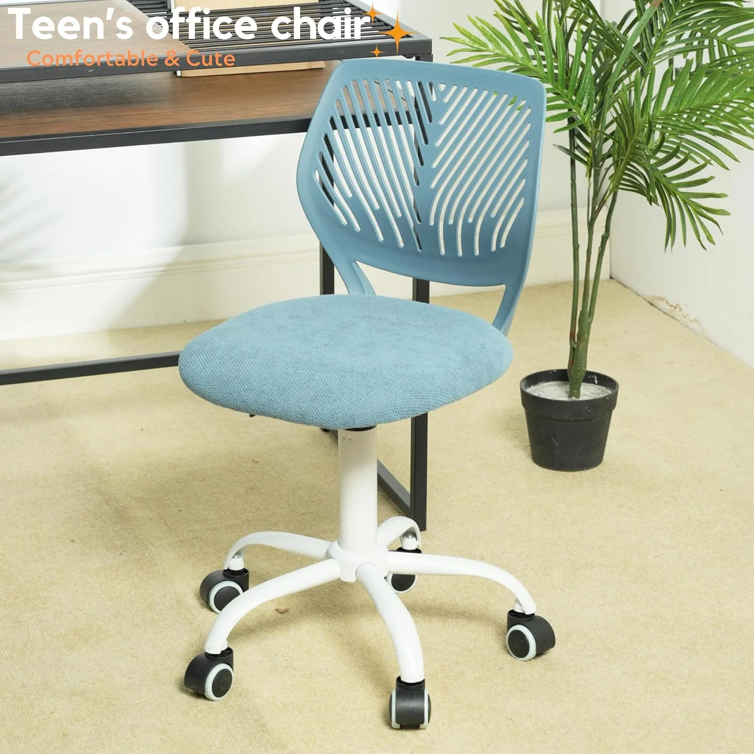 Homy Casa Armless Home Office Desk Chair, Colorful Task Chair with Soft Mesh Padded Cushion, Height Adjustable Swivel Study Computer Chair for for Girls Boys Teens (Blue, 4PCS)