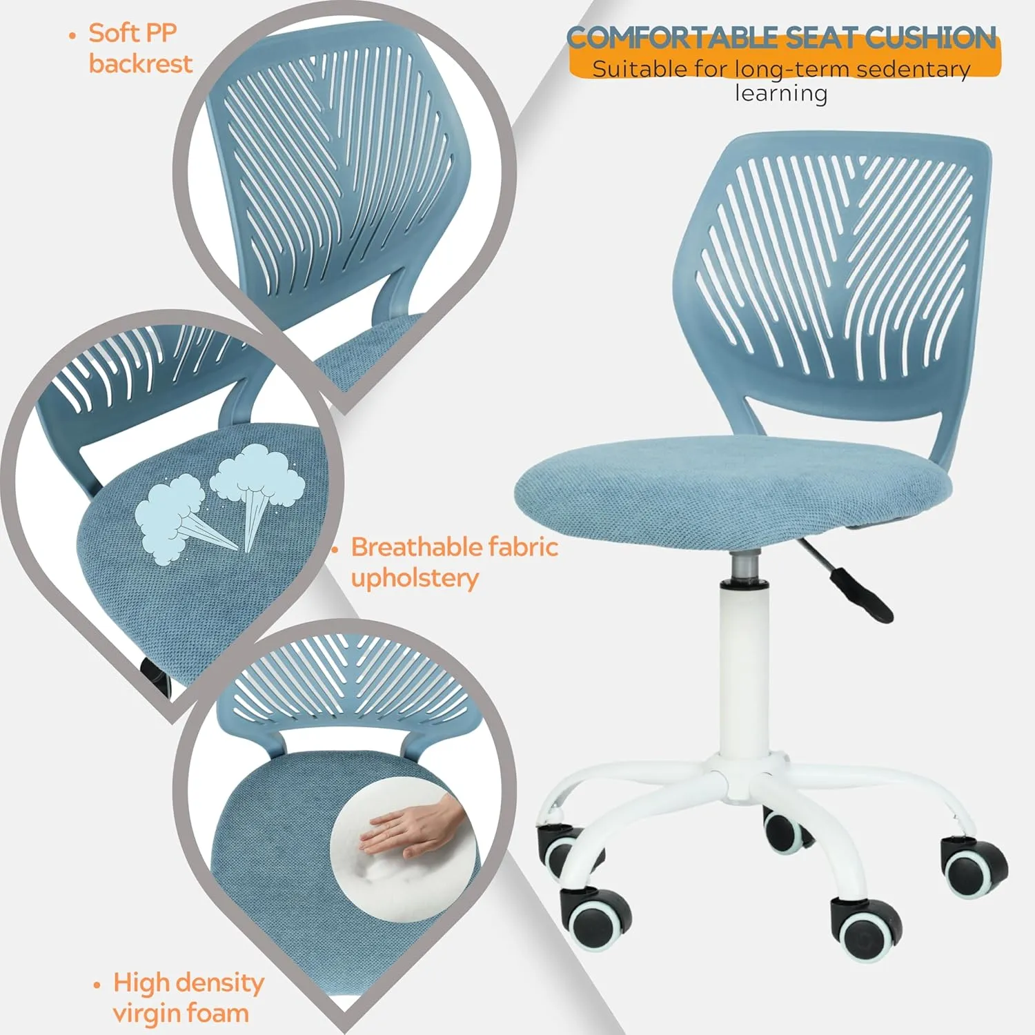 Homy Casa Armless Home Office Desk Chair, Colorful Task Chair with Soft Mesh Padded Cushion, Height Adjustable Swivel Study Computer Chair for for Girls Boys Teens (Blue, 4PCS)