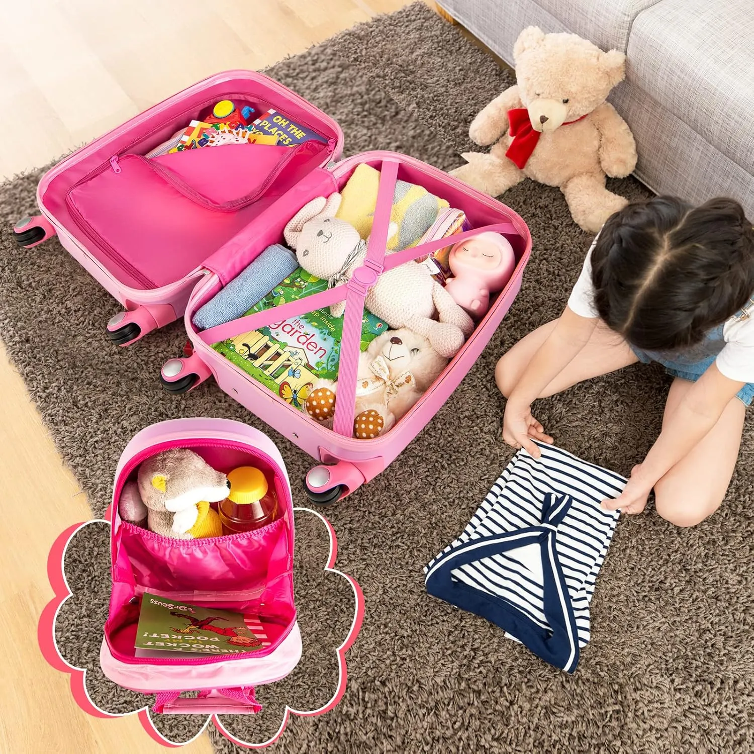 HONEY JOY Kids Luggage, 12" Toddler Backpack & 18" Travel Suitcase with Wheels, Lightweight Toddler Girls Suitcase, Durable ABS Hardshell, 2Pcs Carry On Luggage Set for Boys Girls