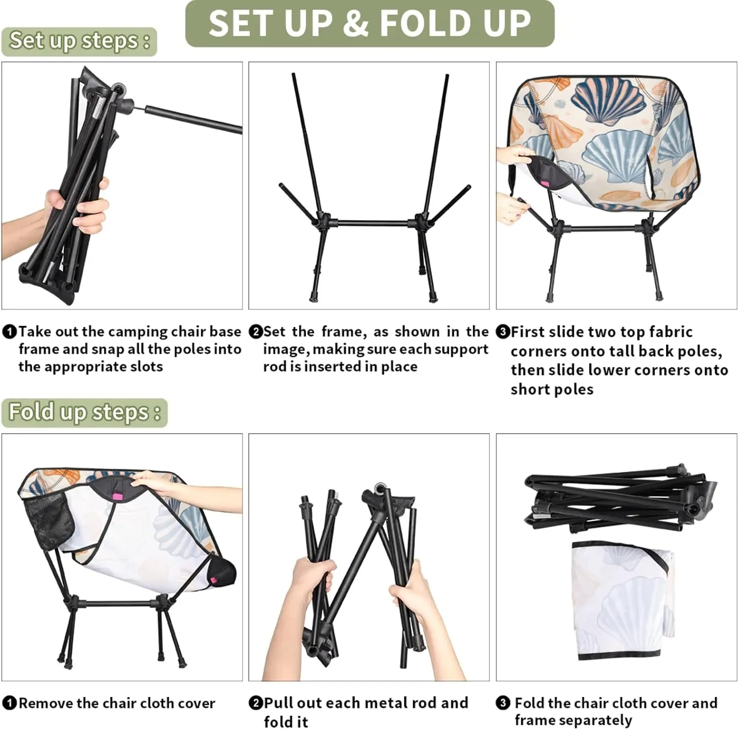 Honeybaby Folding Camping Chair Beautiful Seashells Print Camping Chairs Lightweight Portable Chair Outdoor Foldable Chairs for Camping Travel Picnic Beach Hiking