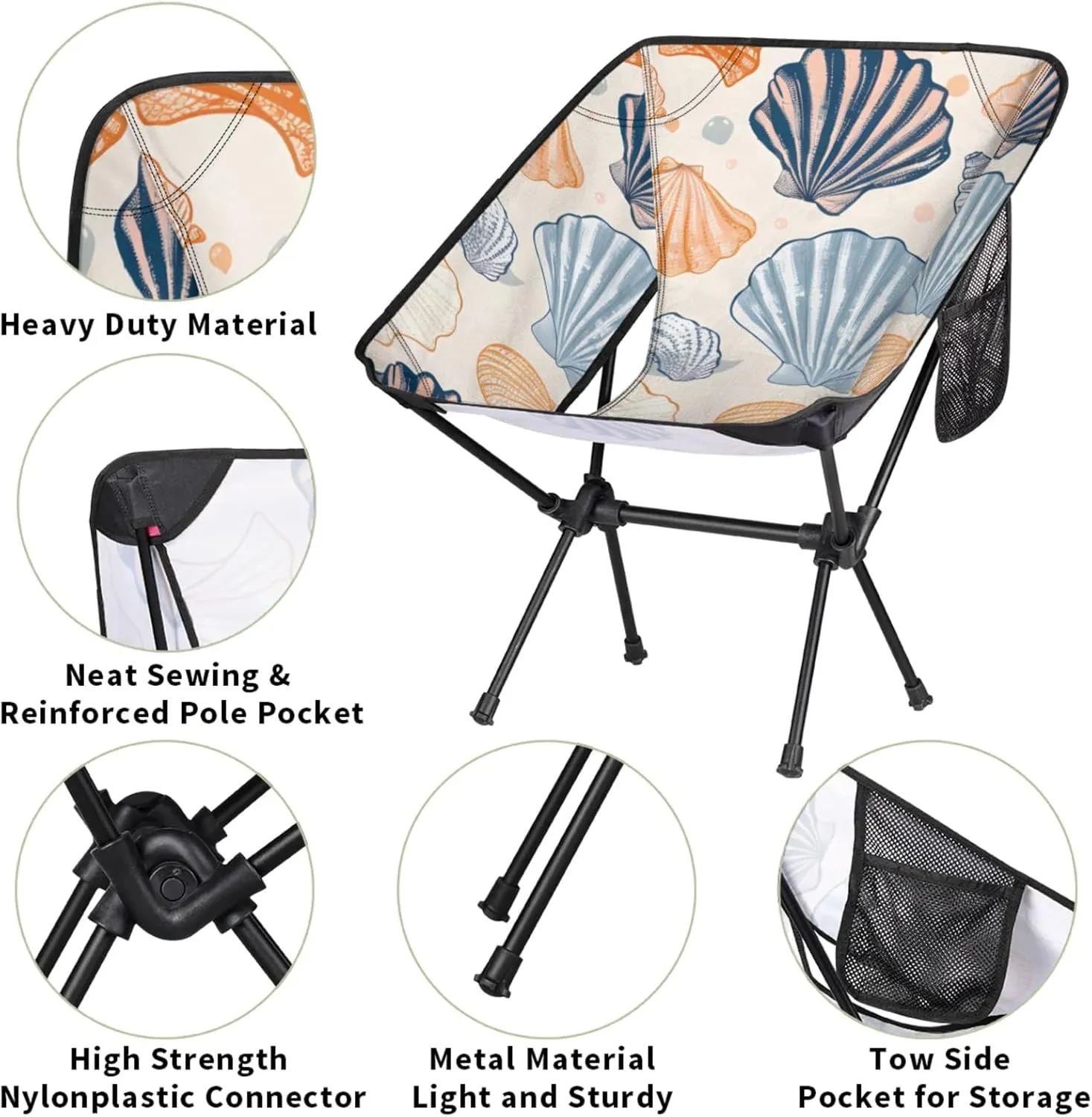 Honeybaby Folding Camping Chair Beautiful Seashells Print Camping Chairs Lightweight Portable Chair Outdoor Foldable Chairs for Camping Travel Picnic Beach Hiking