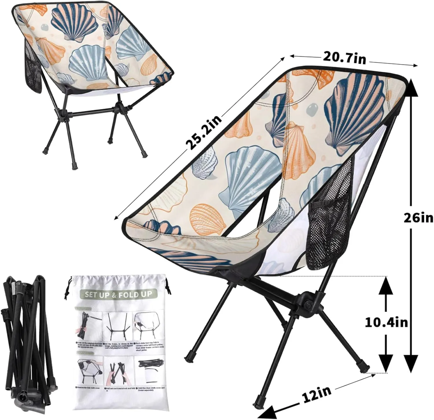 Honeybaby Folding Camping Chair Beautiful Seashells Print Camping Chairs Lightweight Portable Chair Outdoor Foldable Chairs for Camping Travel Picnic Beach Hiking