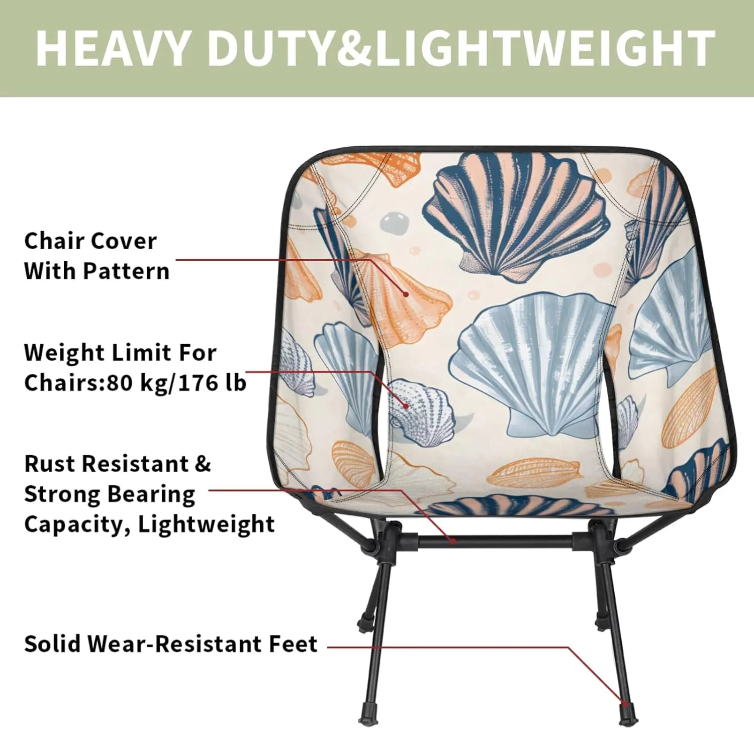 Honeybaby Folding Camping Chair Beautiful Seashells Print Camping Chairs Lightweight Portable Chair Outdoor Foldable Chairs for Camping Travel Picnic Beach Hiking