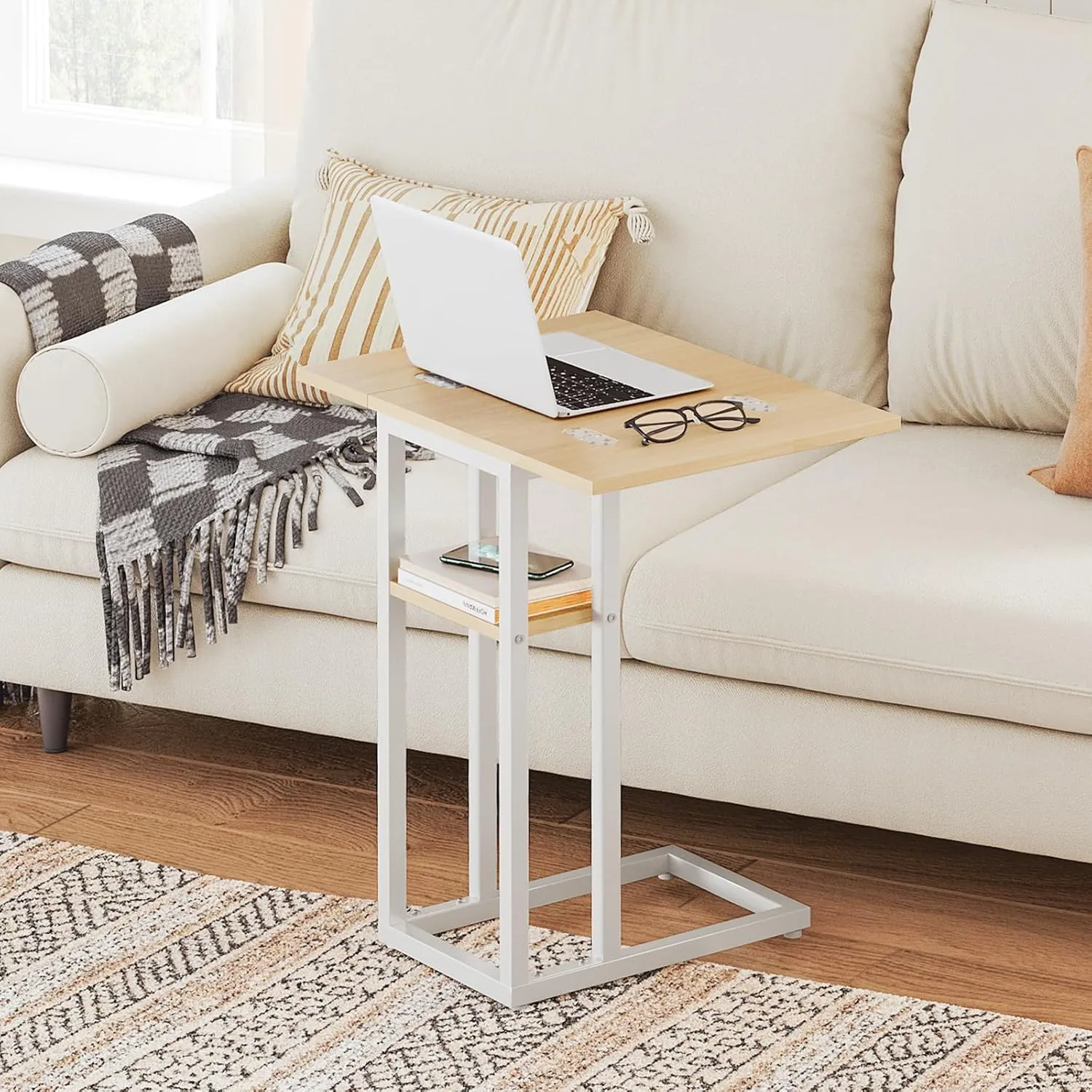 HOOBRO Foldable End Table, C Shaped Side Table with Storage Shelf, Small Snack Table Suitable for Living Room Bedroom Small Spaces, Easy Assembly, White and Natural WN29SF01