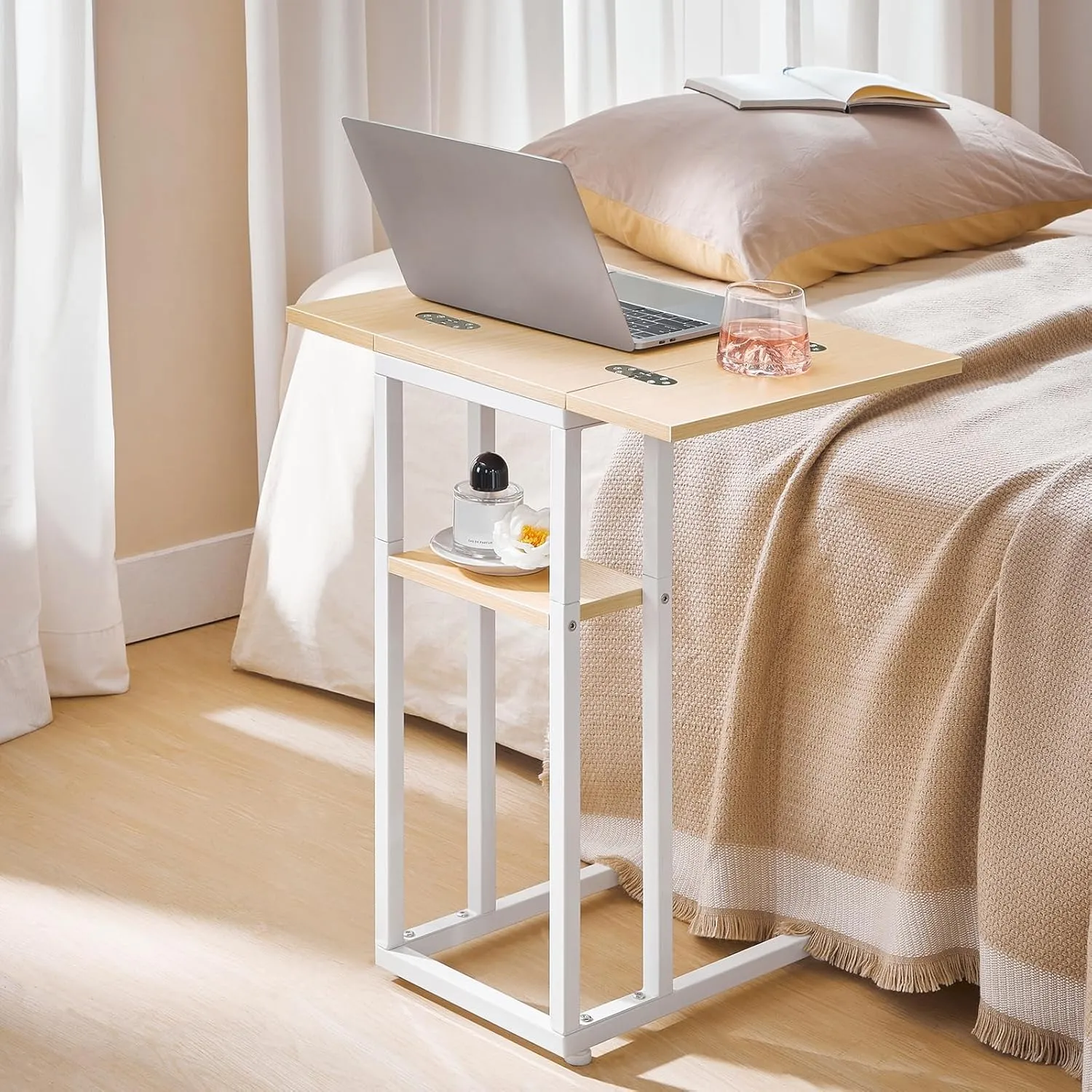 HOOBRO Foldable End Table, C Shaped Side Table with Storage Shelf, Small Snack Table Suitable for Living Room Bedroom Small Spaces, Easy Assembly, White and Natural WN29SF01