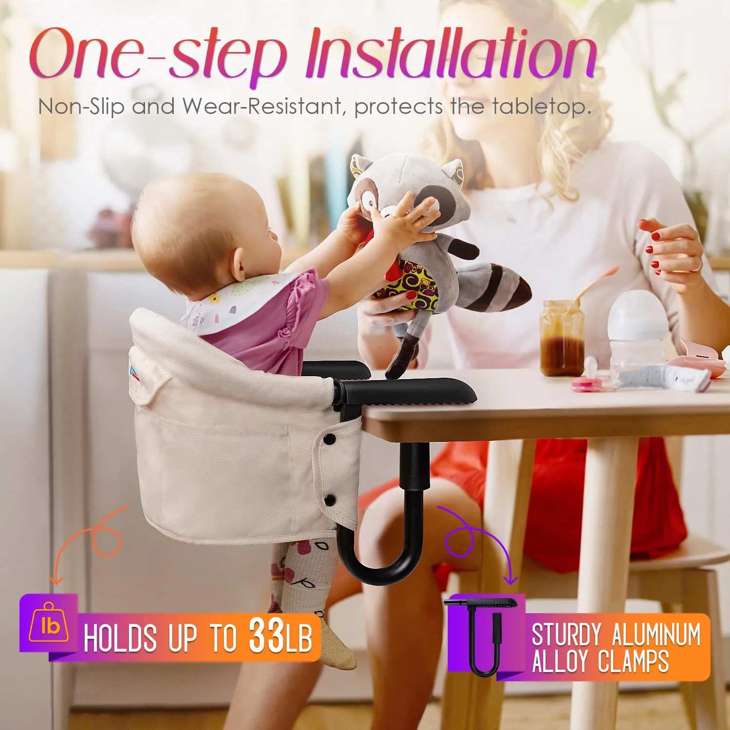 Hook on High Chair,Portable Foldable High Chair for Babies 6-36 Months, Includes Storage Bag(Khaki)