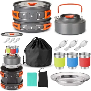 HXBER Camping Cookware Set Outdoor Cooking Equipment for Camping Hiking and Picnics for 2-3 People All in One Compact Camp Cooking Set