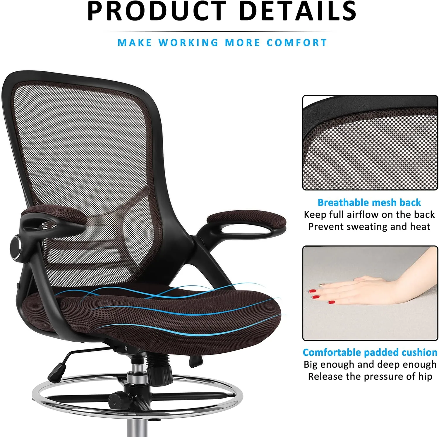 HYLONE Drafting Chair, Tall Office Chair Standing Desk Chair Brown Mesh High-Back Drafting Stool with Flip-Up Arms, Adjustable Foot Ring, Brown