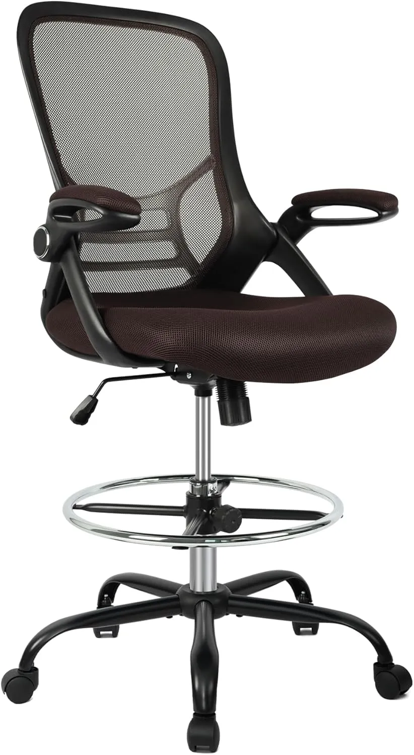 HYLONE Drafting Chair, Tall Office Chair Standing Desk Chair Brown Mesh High-Back Drafting Stool with Flip-Up Arms, Adjustable Foot Ring, Brown