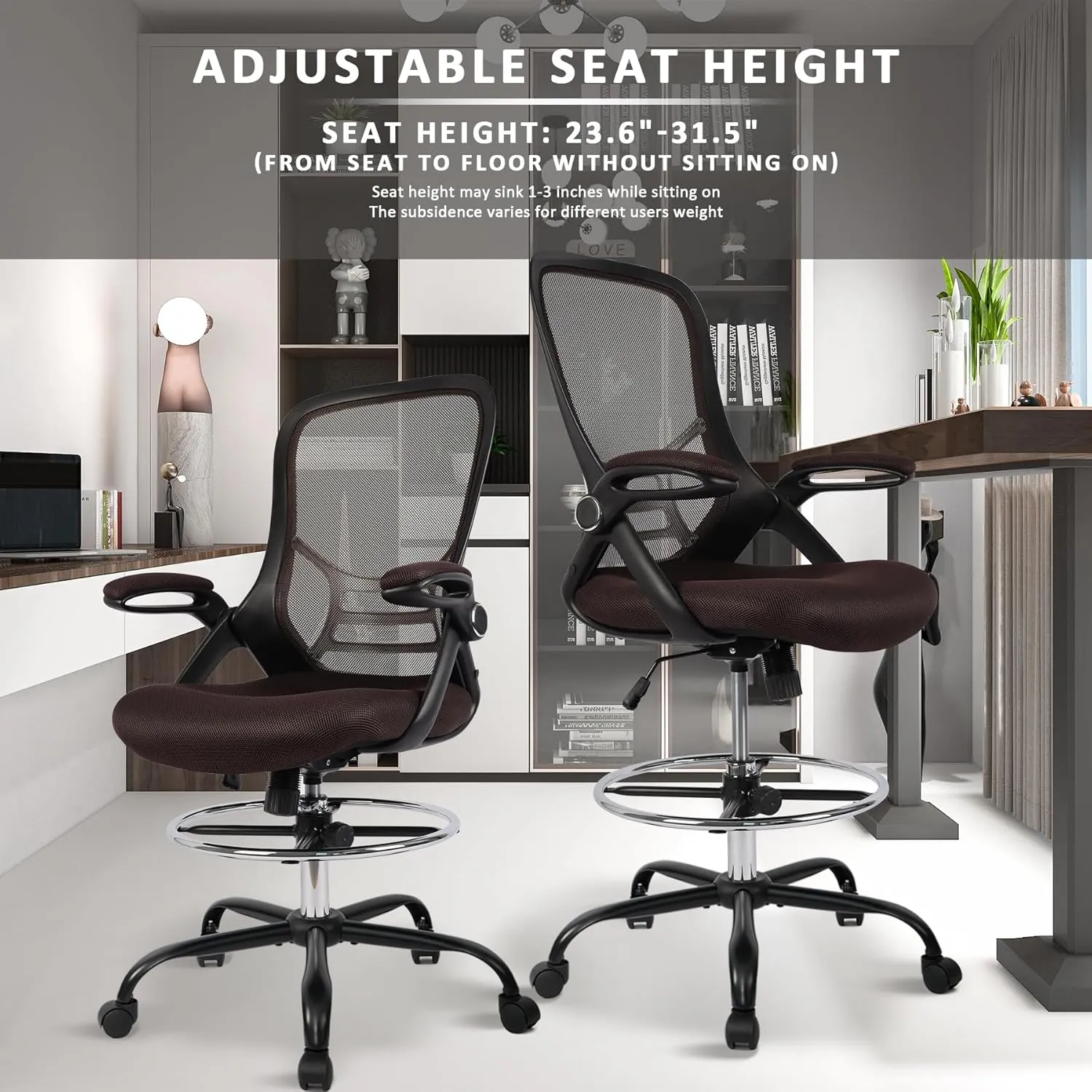 HYLONE Drafting Chair, Tall Office Chair Standing Desk Chair Brown Mesh High-Back Drafting Stool with Flip-Up Arms, Adjustable Foot Ring, Brown