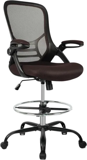 HYLONE Drafting Chair, Tall Office Chair Standing Desk Chair Brown Mesh High-Back Drafting Stool with Flip-Up Arms, Adjustable Foot Ring, Brown