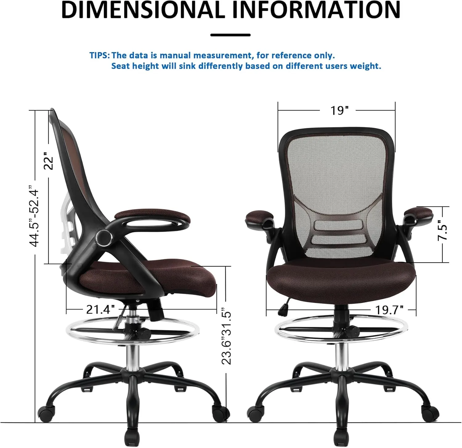 HYLONE Drafting Chair, Tall Office Chair Standing Desk Chair Brown Mesh High-Back Drafting Stool with Flip-Up Arms, Adjustable Foot Ring, Brown
