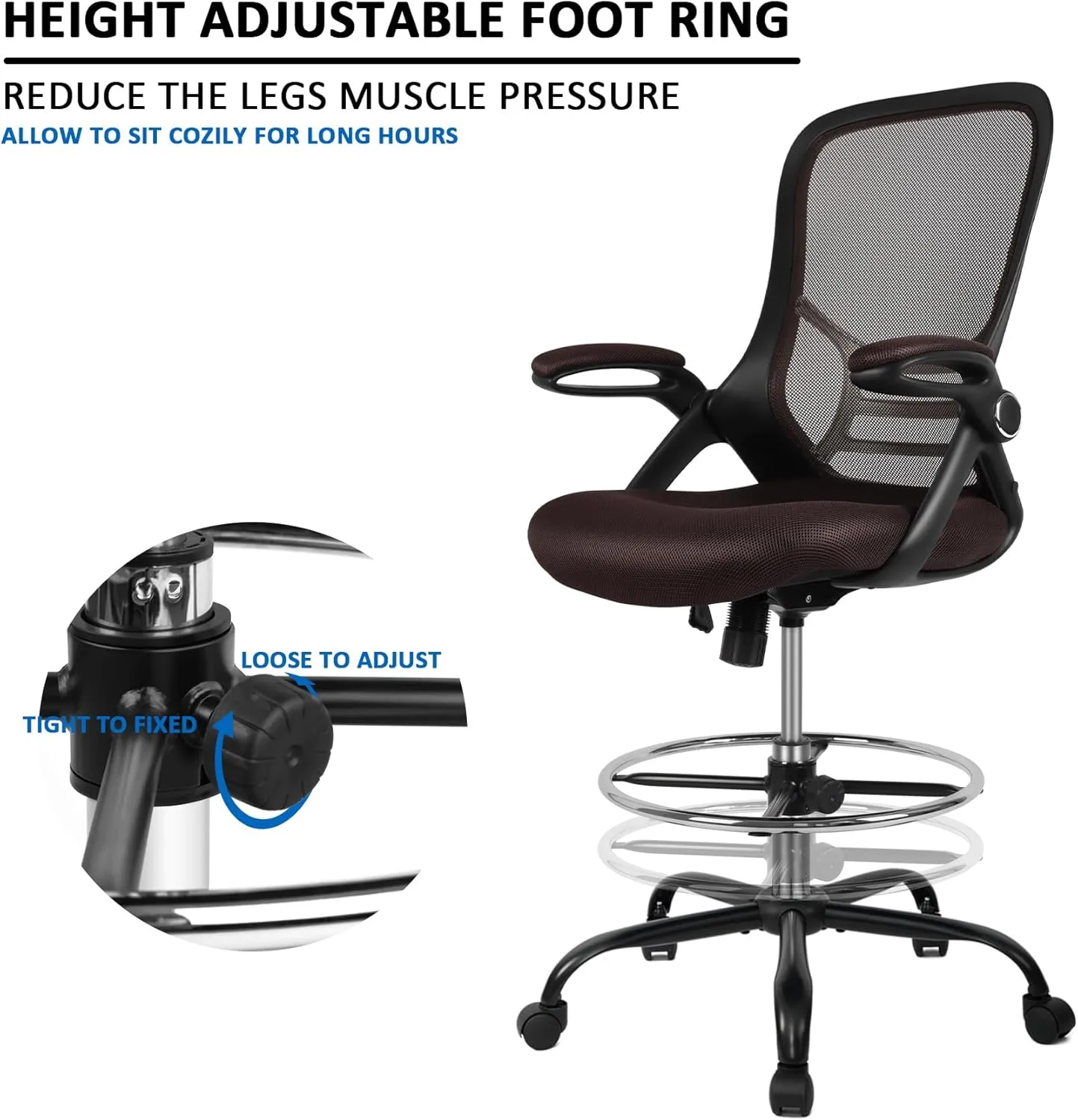 HYLONE Drafting Chair, Tall Office Chair Standing Desk Chair Brown Mesh High-Back Drafting Stool with Flip-Up Arms, Adjustable Foot Ring, Brown