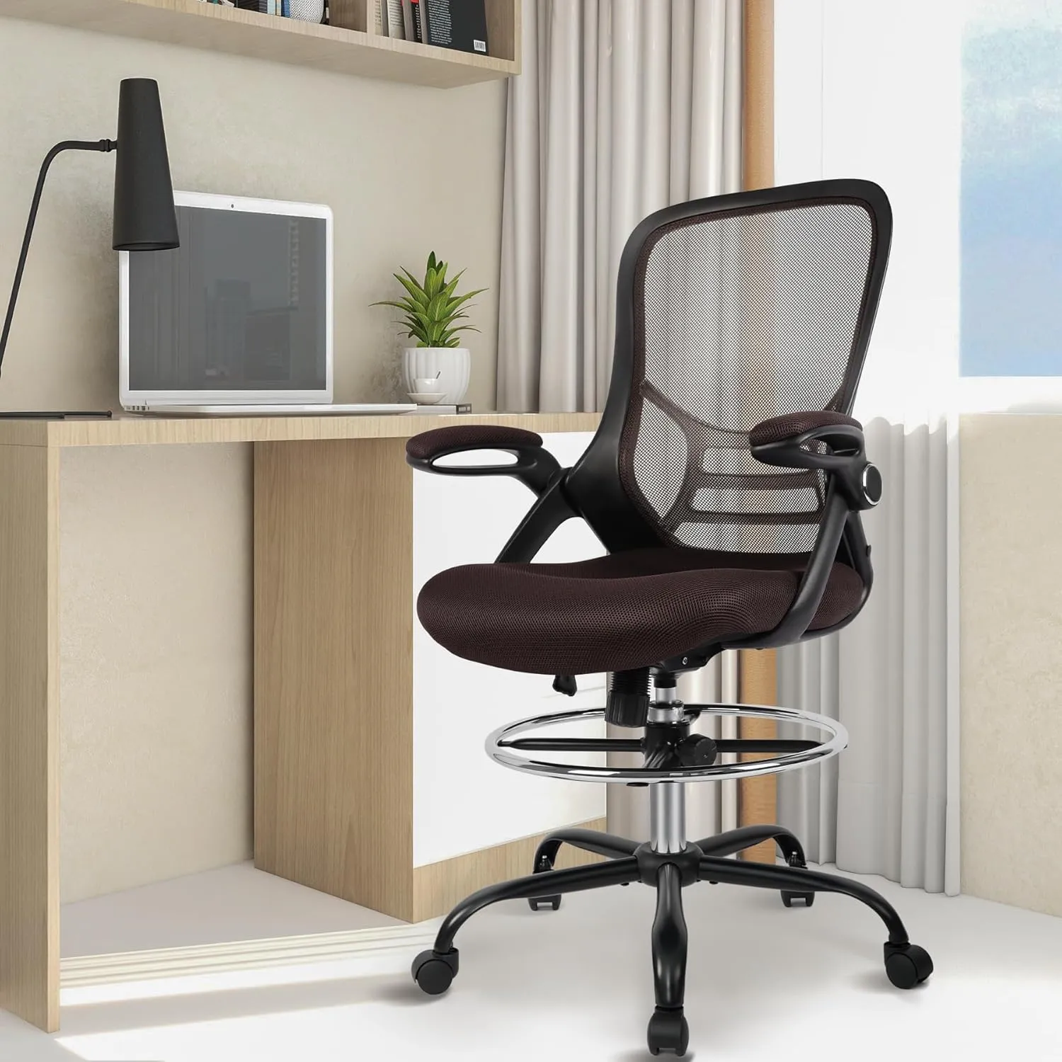 HYLONE Drafting Chair, Tall Office Chair Standing Desk Chair Brown Mesh High-Back Drafting Stool with Flip-Up Arms, Adjustable Foot Ring, Brown