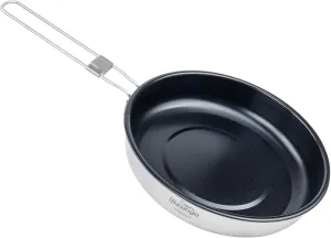 iBasingo 1000ml Titanium Camping Non-stick Frying Pan 18.8cm/ 7.4" Outdoor Skillet with Folding Handle Ultralight Cookware Small Griddles Backpacking Cooking Kit Ti2069C