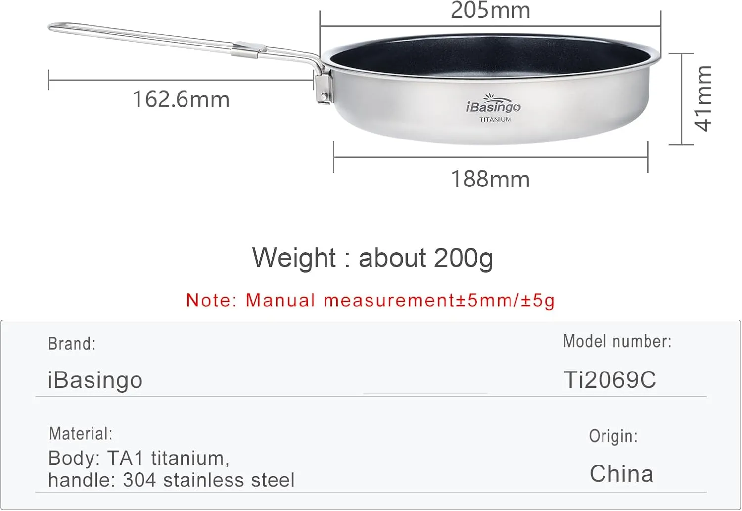 iBasingo 1000ml Titanium Camping Non-stick Frying Pan 18.8cm/ 7.4" Outdoor Skillet with Folding Handle Ultralight Cookware Small Griddles Backpacking Cooking Kit Ti2069C