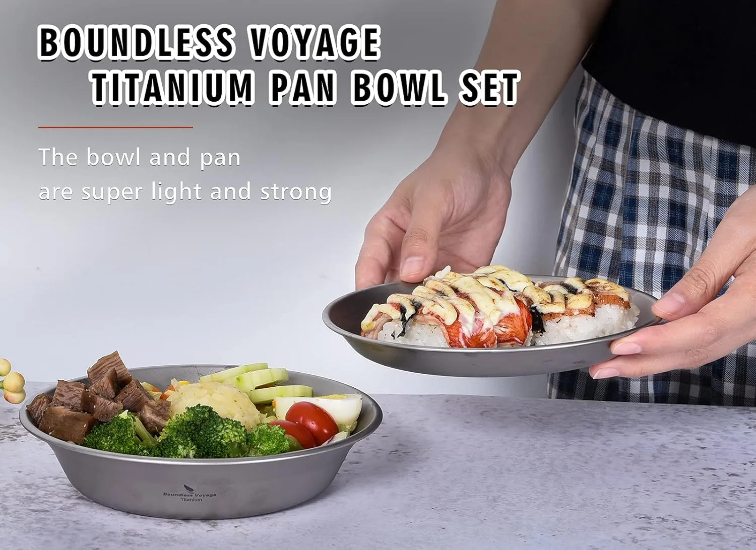 iBasingo Titanium Camping Plates and Bowls Set with Mesh Bag - 174mm Ultralight Backpacking Dinnerware for Hiking, Survival Kit & Outdoor Cooking (61g Plate   67g Bowl) Ti1113T