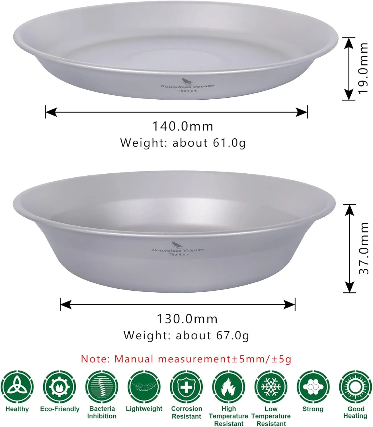 iBasingo Titanium Camping Plates and Bowls Set with Mesh Bag - 174mm Ultralight Backpacking Dinnerware for Hiking, Survival Kit & Outdoor Cooking (61g Plate   67g Bowl) Ti1113T