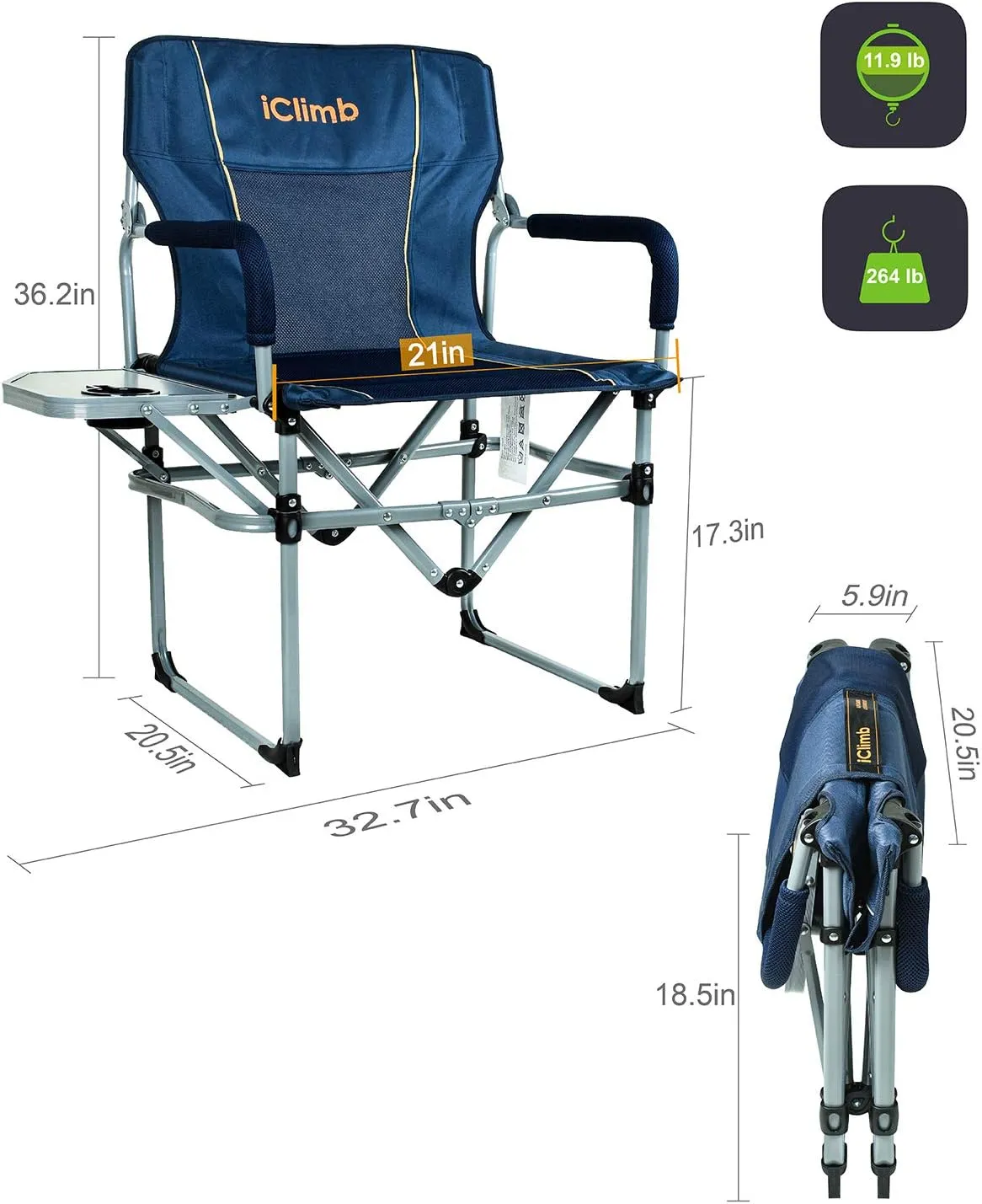 iClimb Heavy Duty Compact Camping Folding Mesh Chair with Side Table and Handle