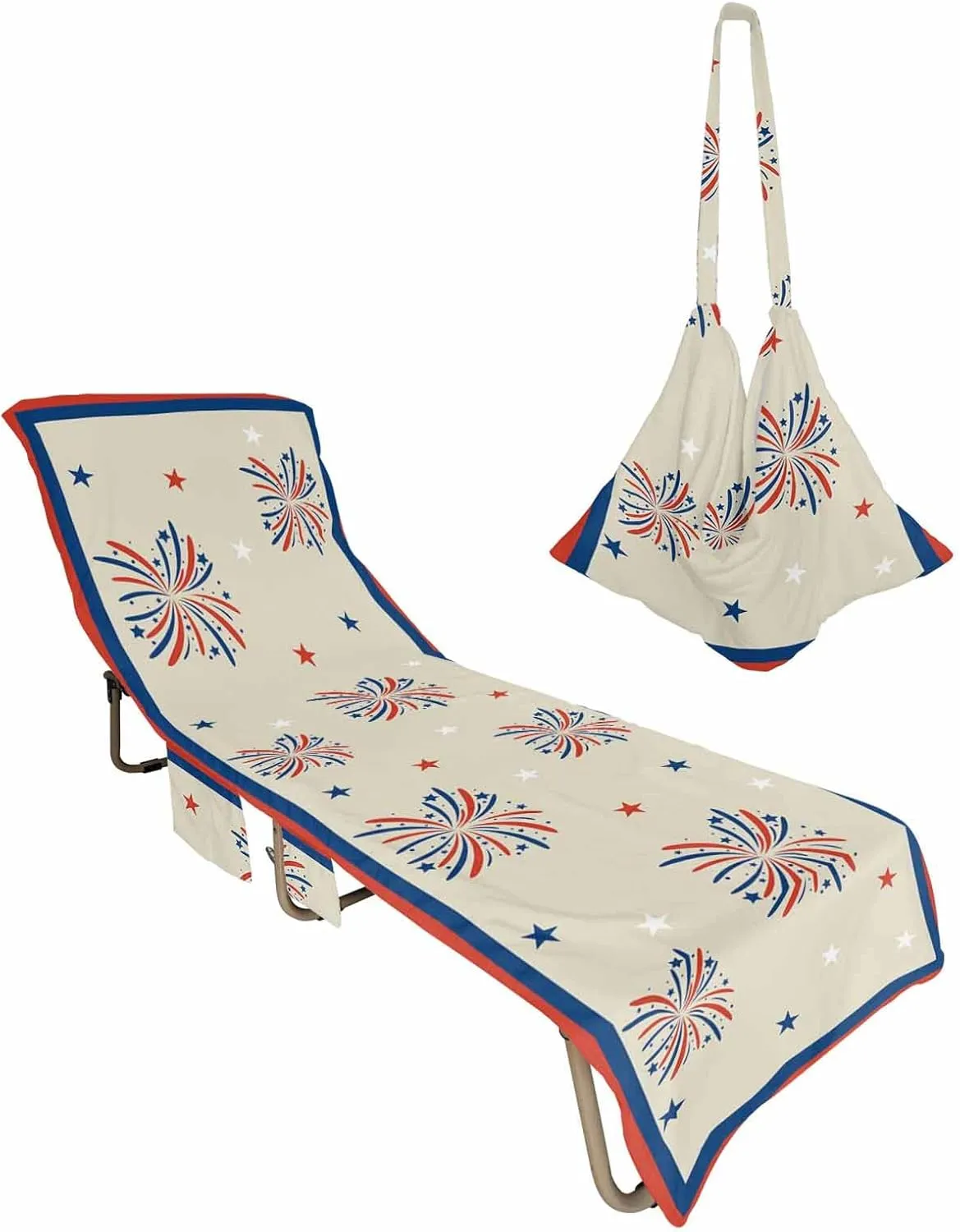 Independence Day Beach Pool Patio Lounge Chaise Chair Cover Towel With Pockets, Absorbent & Quick Dry Microfiber Towel Cover Bag Summer Travel Accessories for Sunbathing 4th-of-July Red Blue Holiday
