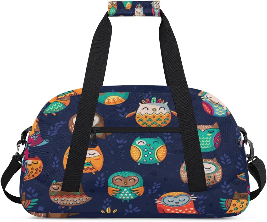 Indian Tribal Owls Gym Duffel Bag for Men Women Owl Sports Tote Bag with Adjustable Shoulder Strap for Dance Gymnastics Traveling Outdoor Camping Overnight Stay