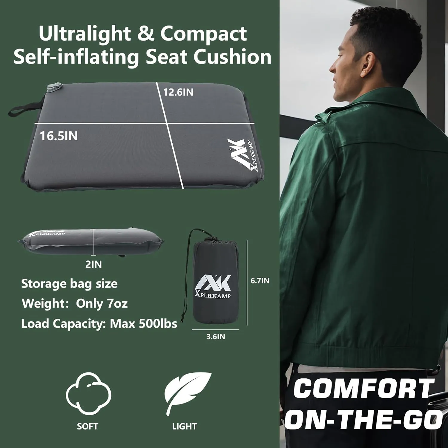 Inflatable Seat Cushion for Airplane Travel Camping Hiking, Comfortable Memory Foam Seat Cushion for Stadium Seat Bleacher, Sports Music Events, Car Truck Driver (2, DarkGreen W/Anti-Slip)