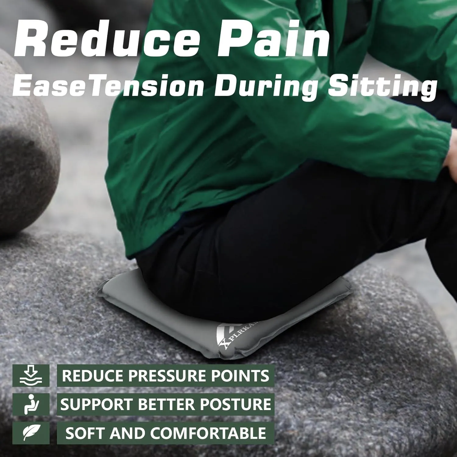 Inflatable Seat Cushion for Airplane Travel Camping Hiking, Comfortable Memory Foam Seat Cushion for Stadium Seat Bleacher, Sports Music Events, Car Truck Driver (2, DarkGreen W/Anti-Slip)